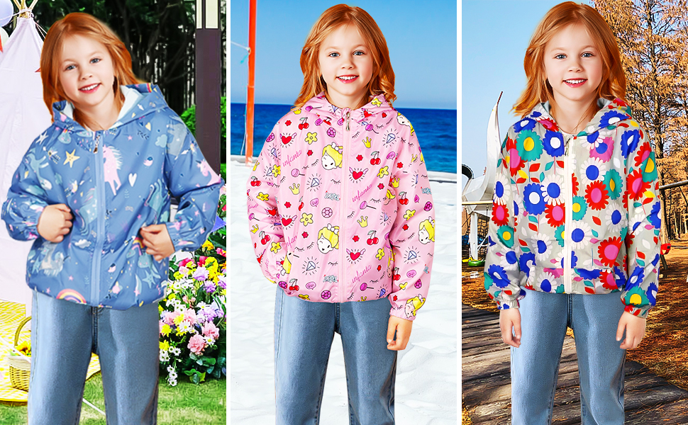 Three images of children's rain jackets in different patterns: blue with stars, pink with animals, and colorful polka dots. Worn over jeans.