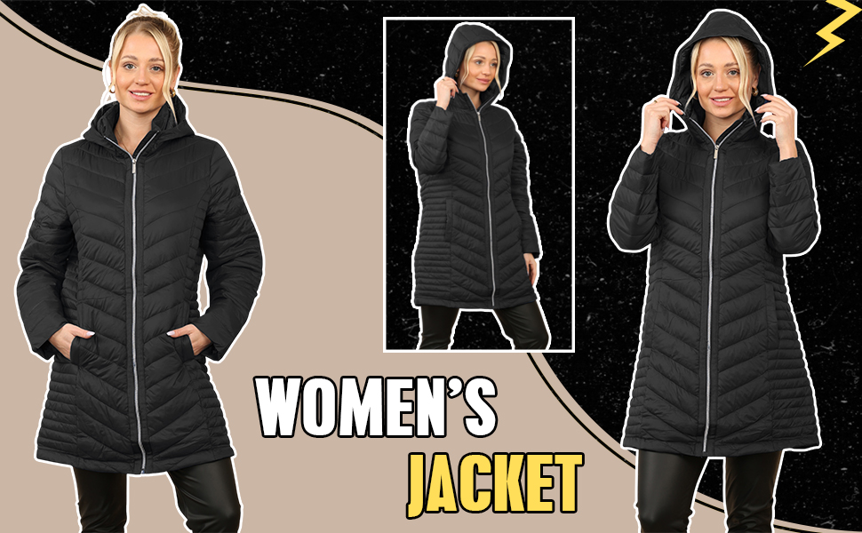 True Face Women's Long Quilted Puffer Jacket, Warm Hooded Winter Coat, Lightweight Casual Outerwear