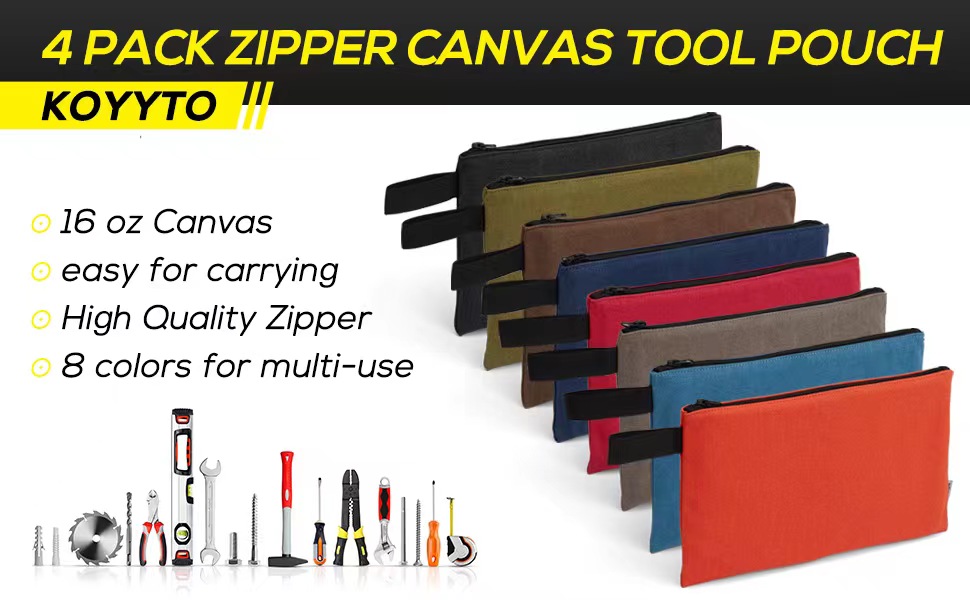 KOYYTO 4 Pack Canvas Tool Pouch with Zipper,Upgrade 16 oz Heavy Duty