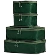 Set of four dark green nylon packing cubes in varying sizes. Cubes feature zippered closures and appear to be stackable for organized travel storage.