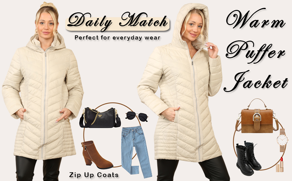 True Face Women's Long Quilted Puffer Jacket, Warm Hooded Winter Coat, Lightweight Casual Outerwear