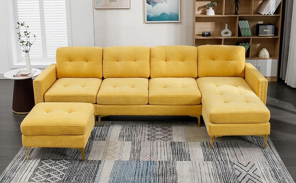 Merax, Yellow 110" L Convertible Sectional Sofa Velvet U