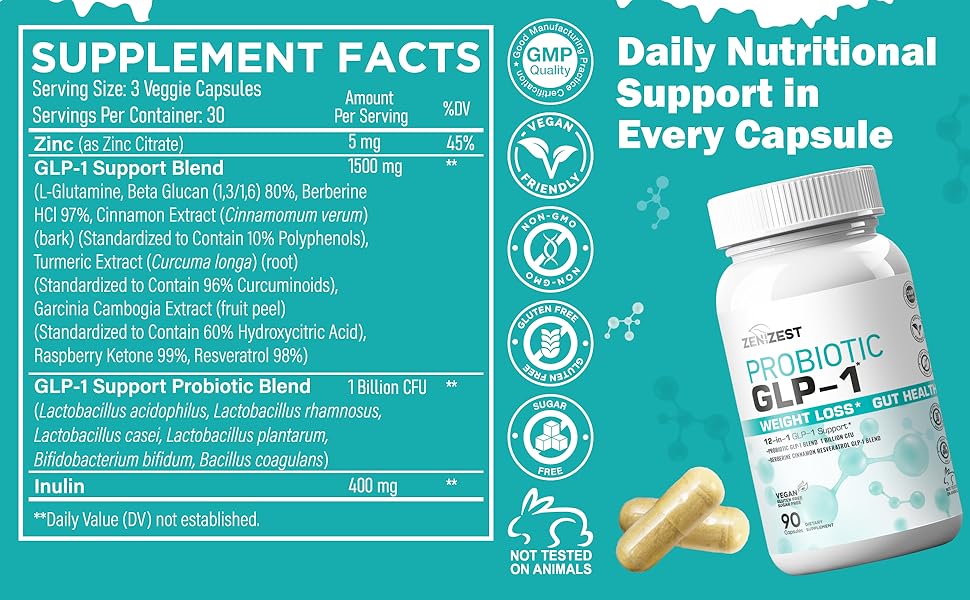 Supplement Facts - GLP-1 Support Blend 1500mg, Probiotic Blend 1 Billion CFU, Vegan capsules