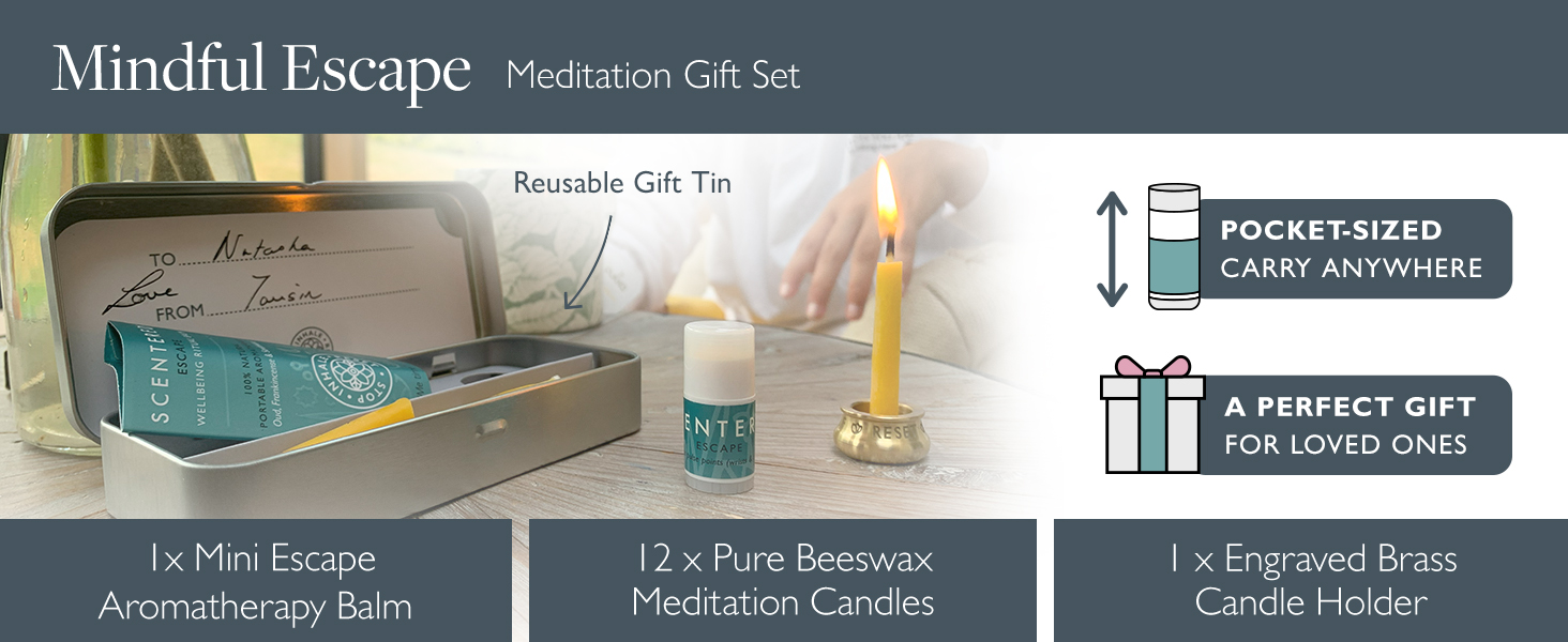 Includes mini Escape aromatherapy balm, 12 pure beeswax candles, engraved candle holder & gift tin