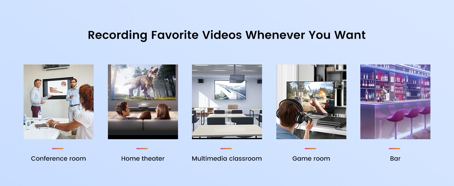 Composite image showcasing video recording technology in various settings: conference room, home theater, classroom, game room, and bar. Each scene demonstrates a wall-mounted display for video playback.