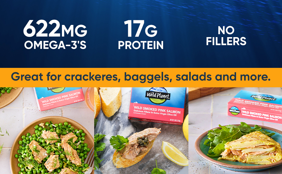 wild planet smoked pink salmon with 622 mg Omega-3, 17 g protein and no fillers