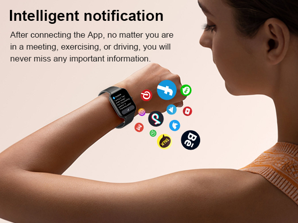 Smartwatch on wrist displaying app notifications. Colorful app icons float above the watch face, illustrating intelligent notification features for various activities.