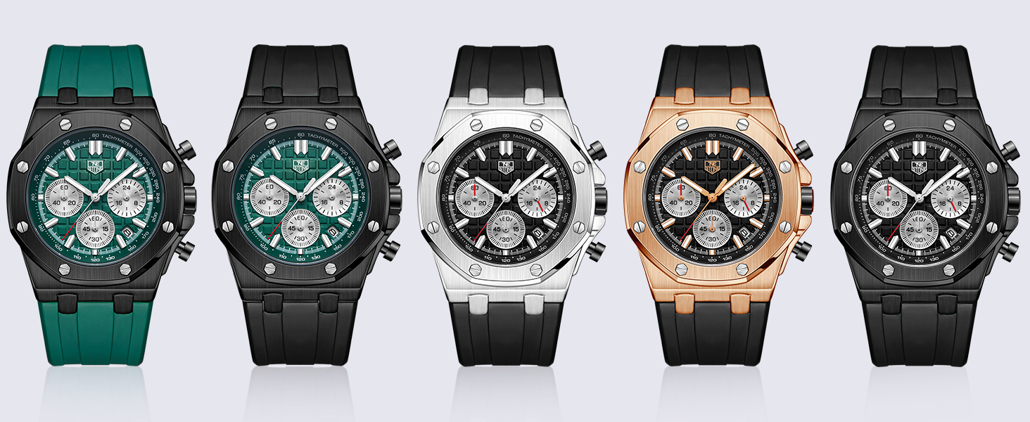 Mens Watch Waterproof Chronograph Sports Watch for Men with Calendar Black Rubber Strap