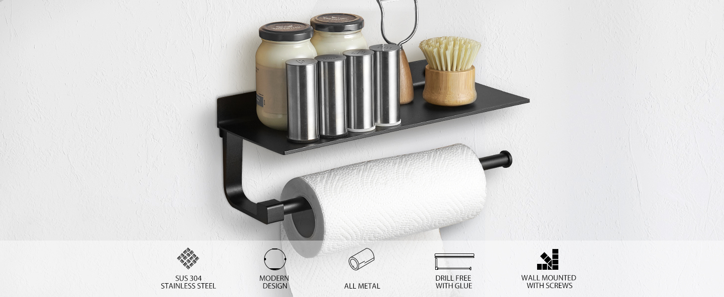 BESy Adhesive Paper Towel Holder with Glue or Wall Mount with Screws