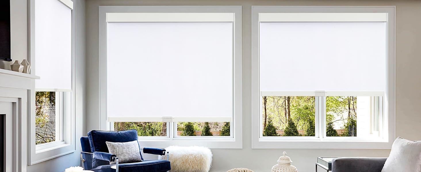 SUNOFF 100% Blackout Roller Shades Free-Stop with Valance for Living Room