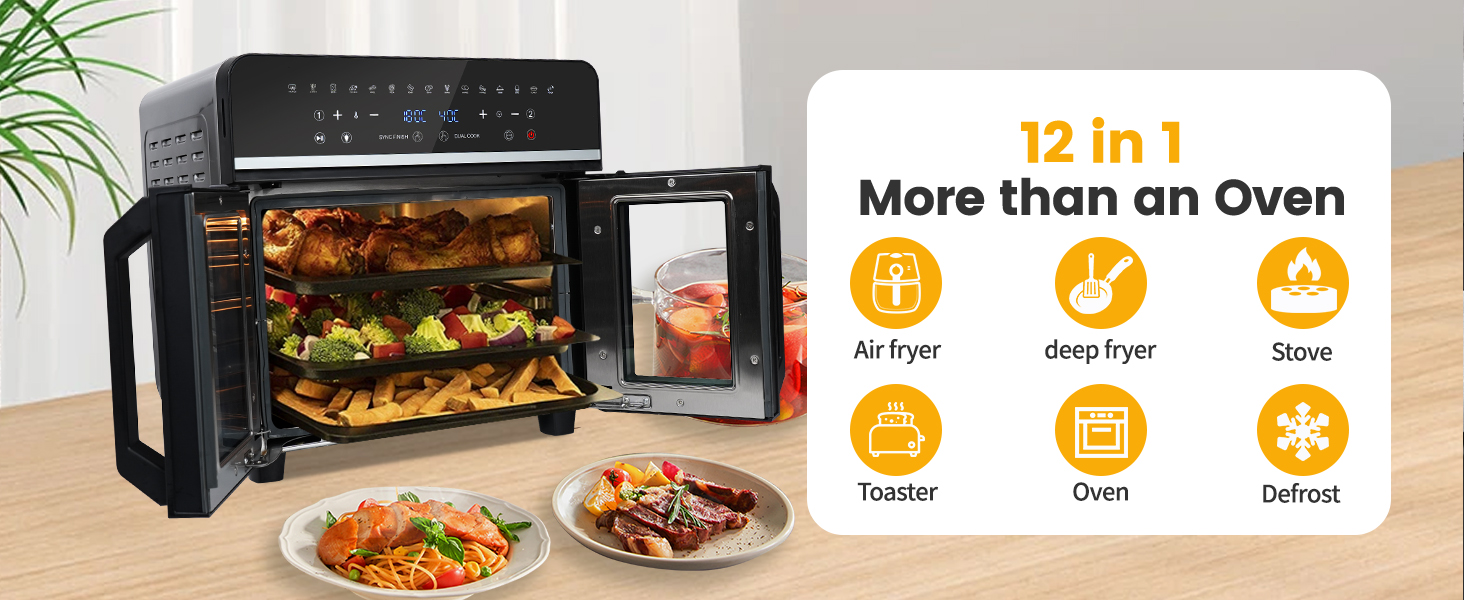 Black multi-functional countertop oven with glass door, displaying various cooking modes. Food items visible inside and on plates nearby.