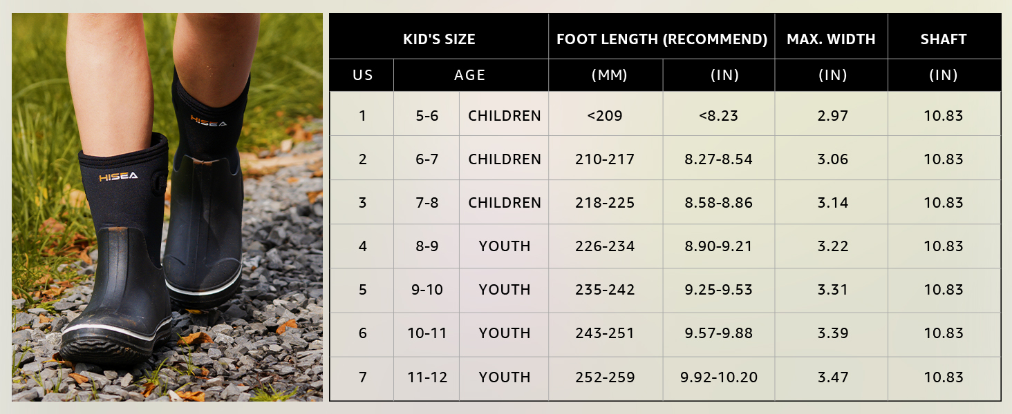 HISEA Kids Rain Boots for Boys Girls Rubber Neoprene Boots Outdoor Boots Rainboot Mud Boots