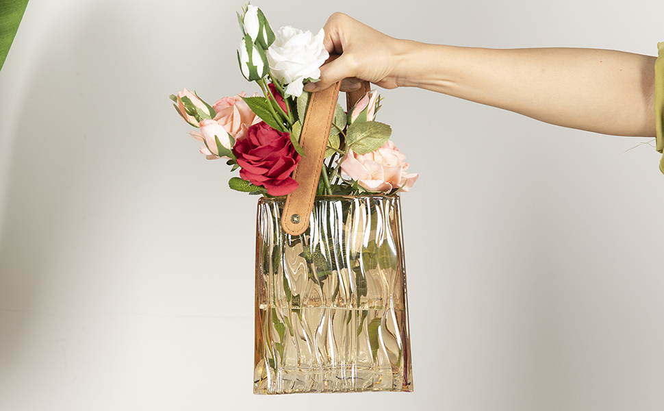 Glass Purse Vase for Flowers, Handbag Vase with Leather