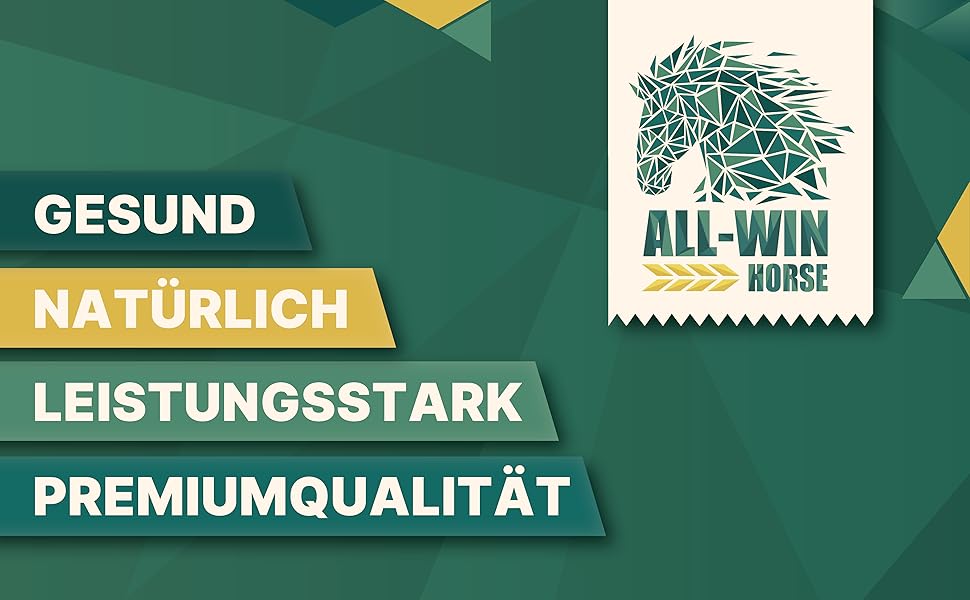 Der Text lautet „GESUND“, „NATÜRLICH“, „LEISTUNGSSTARK“, „PREMIUMQUALITÄT“, „ALL-WIN“. Grünes Banner mit mehreren Qualitätskennzeichen und Text in deutscher Sprache, der für Gesundheit und Premium-Qualität wirbt.