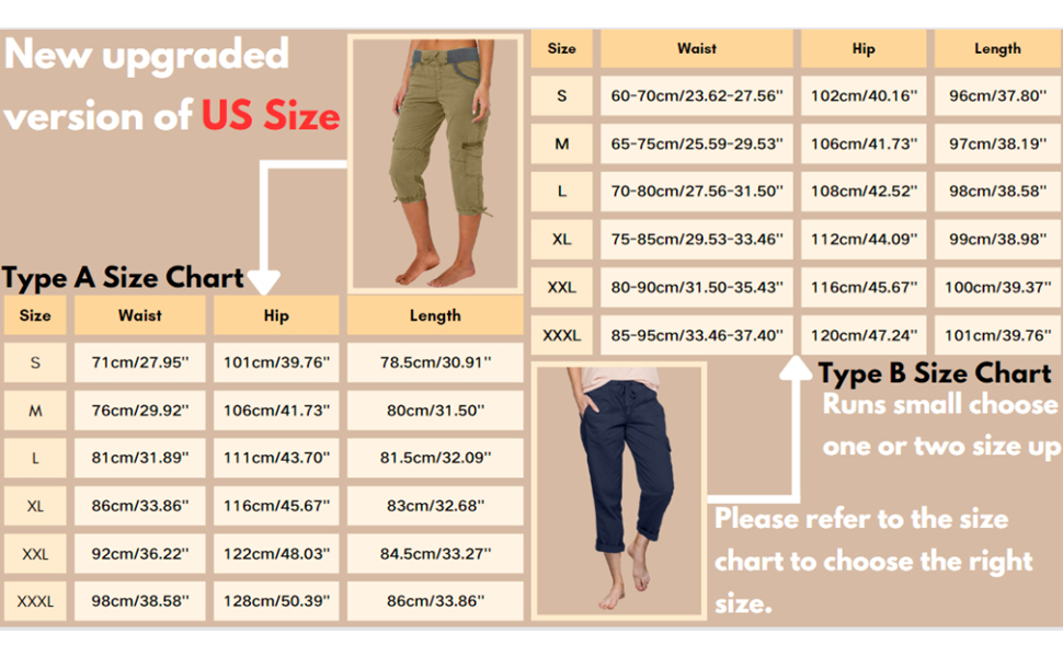 capri cargo pants  size chart