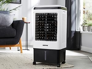 Series of images showing white portable air cooler or humidifier unit in modern home environment with light gray walls and hardwood floor.