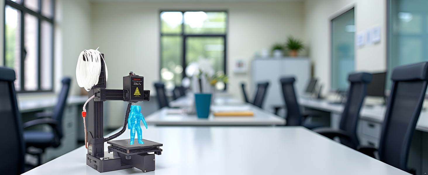 A sleek and modern workspace with the product placed on a clean surface, surrounded by various 3D pr