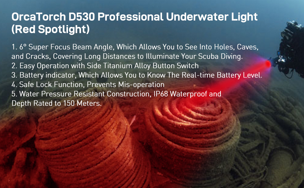 ORCATORCH D530 Red LED Dive Light Scuba Flashlight, 210