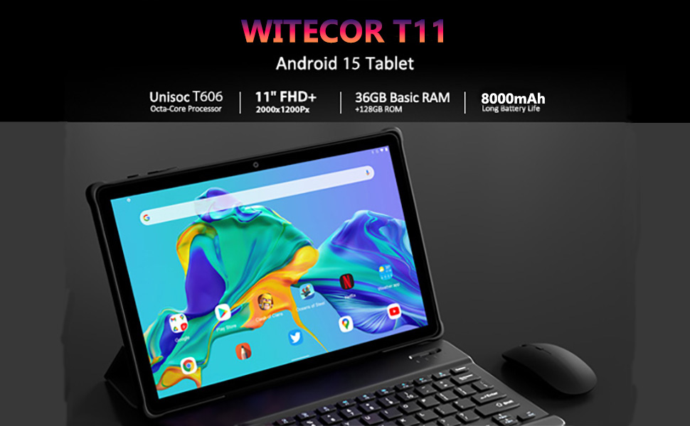 Text reads 'WITECOR T11'. Product image showing tablet device with colorful display and wireless mouse on dark background.