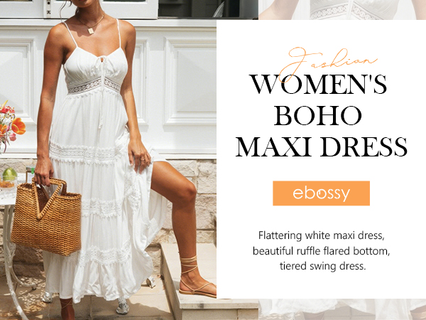 ebossy Women's Boho Crochet Lace Maxi Dress Tied Spaghetti
