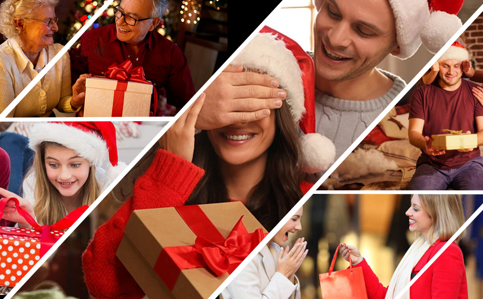 Collage of holiday scenes with people exchanging gifts, wearing Santa hats, and shopping. Images show festive atmosphere with wrapped presents and decorations.