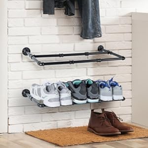 Set of 4 Industrial Matte Black Metal Pipe Hanging Shoe and Boot Rack Organizer Shelf