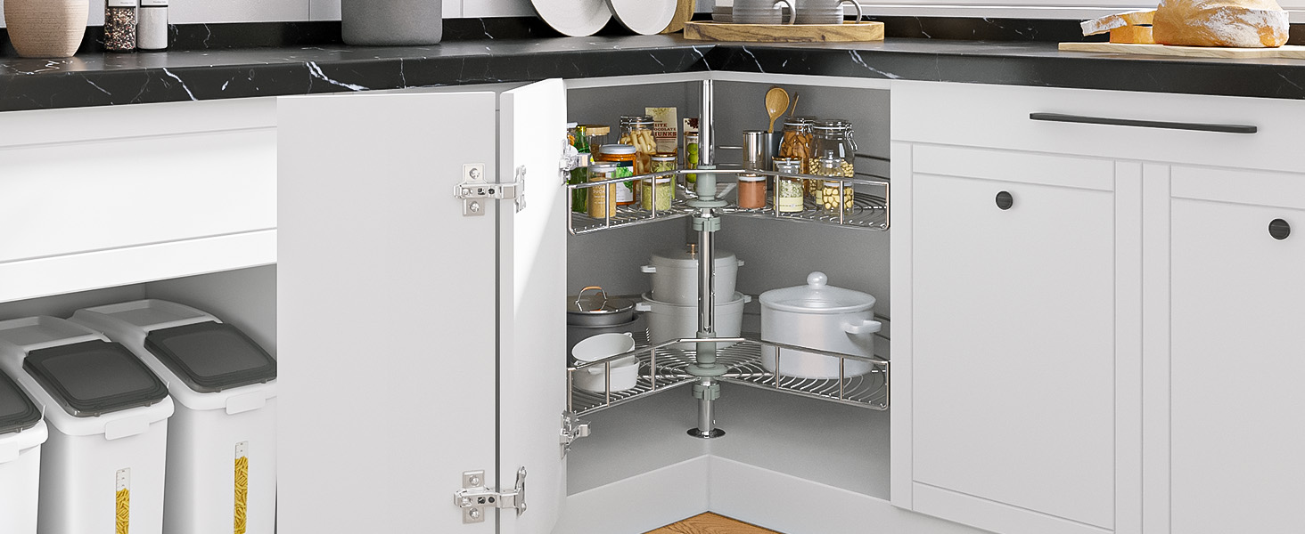 YITAHOME 28Inch Kidney Shaped Chrome Pie Cut 2Shelf Lazy Susan Corner Organizer