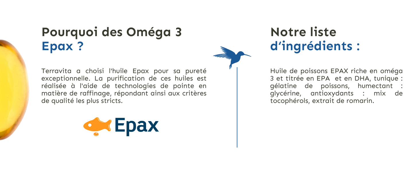 Page d'information sur le produit du supplément Epax Omega 3, avec des éléments de design de marque bleus et oranges et une liste d'ingrédients en texte français