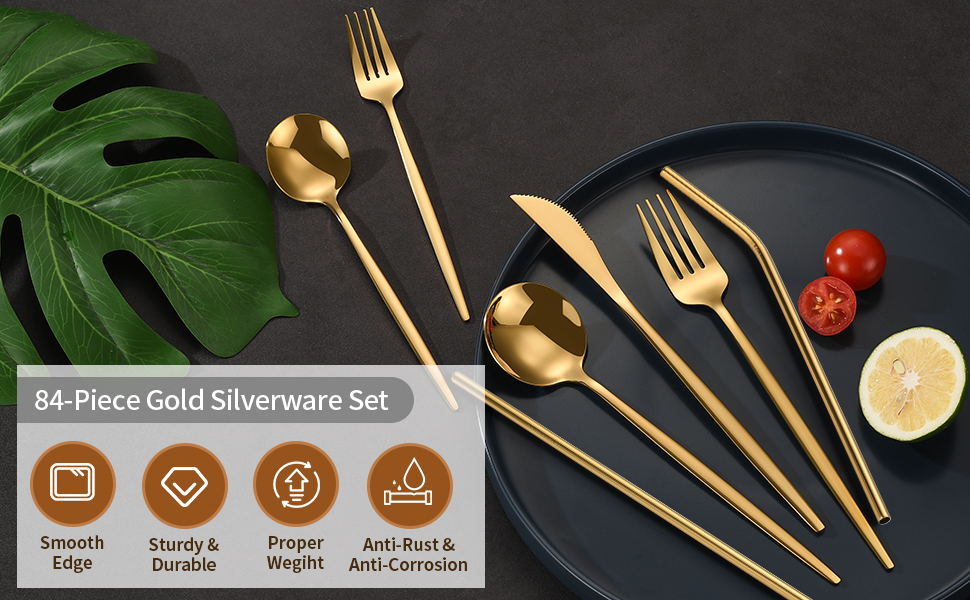 TININA 84 Pieces Gold Silverware Set with Straws, Luxury