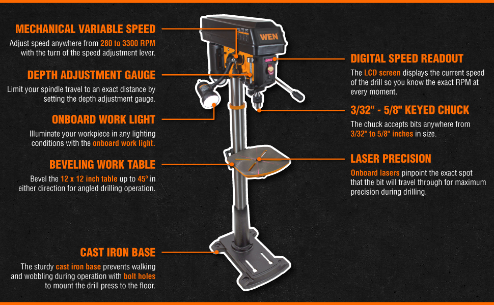 WEN 4225T 8.6Amp 15Inch Variable Speed Floor Standing Drill Press