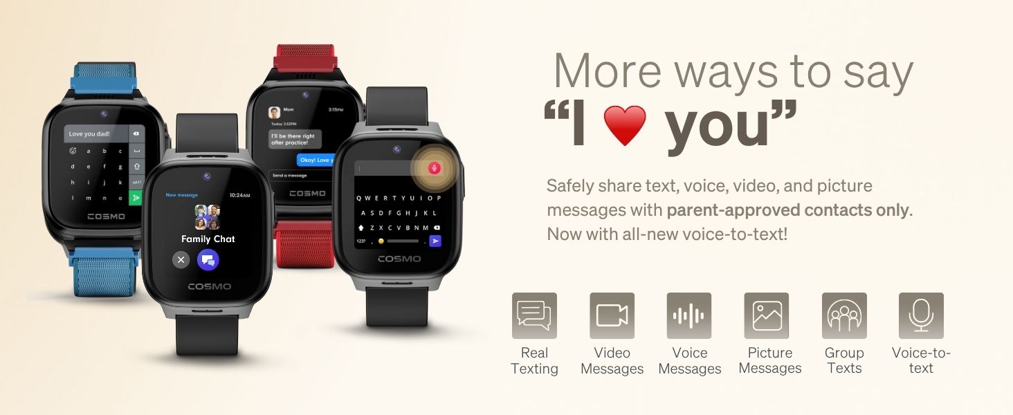 texting predictive voice-to-text pictures audio group chat parent-approved
