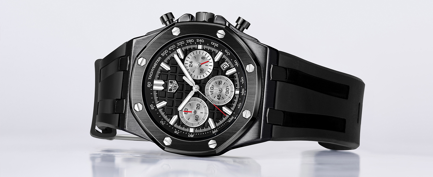 Mens Watch Waterproof Chronograph Sports Watch for Men with Calendar Black Rubber Strap