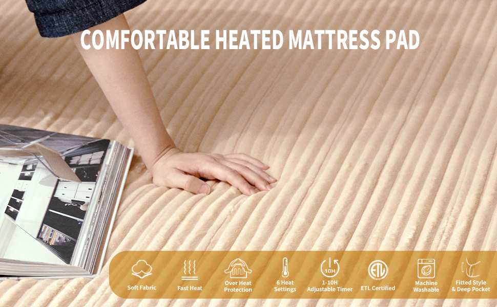 ALLYOULAND Heated Mattress Pad Queen Size Dual Control Electric Mattress Pad 60x80+15 inches 6