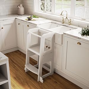 avery wooden kitchen helper step kids toddler baby learning tower w/ safety rail