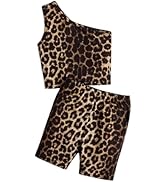 WDIRARA Girl's 2 Piece Outfits Leopard One Shoulder Tank Biker Shorts Set