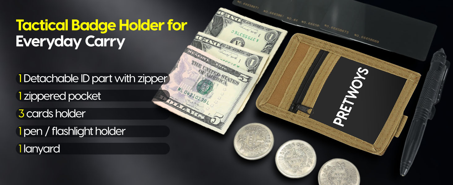 PRETWOYS Tactical ID Badge Holder with Zipper Pocket, EDC