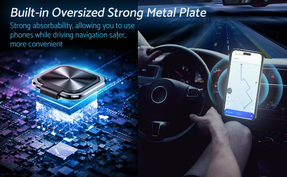 Car phone mount featuring built-in metal plate technology, shown with illuminated blue components and dashboard mounting demonstration.