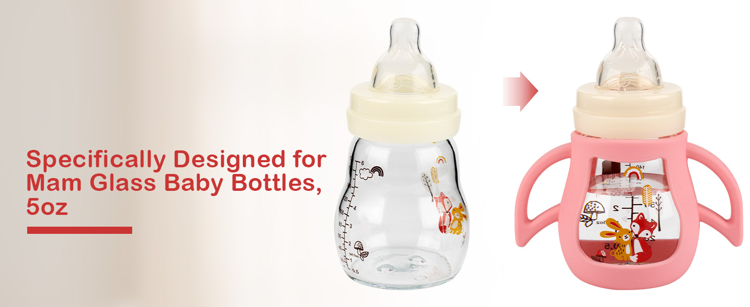 Silicone Sleeves with Handles for Mam Glass Bottle, 2 Pack Anti Breakage Baby Bottle Holder, 5oz