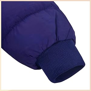 Close-up of a dark blue garment sleeve with an elastic cuff. The fabric appears puffy or padded.