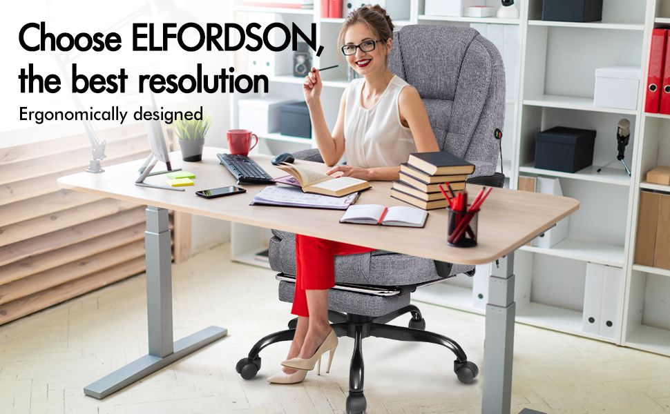 ELFORDSON Massage Office Chair With Footrest Executive Gaming Seat Breathable Fabric Upholstery, Grey 20 DP11