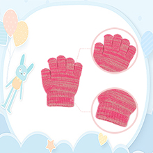 Three pink mittens or gloves shaped like hands, arranged on a light blue background with yellow and orange decorative elements.