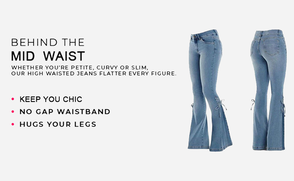 LINUMIN Women Lace-up Bell Bottom Denim Jeans Mid Waist