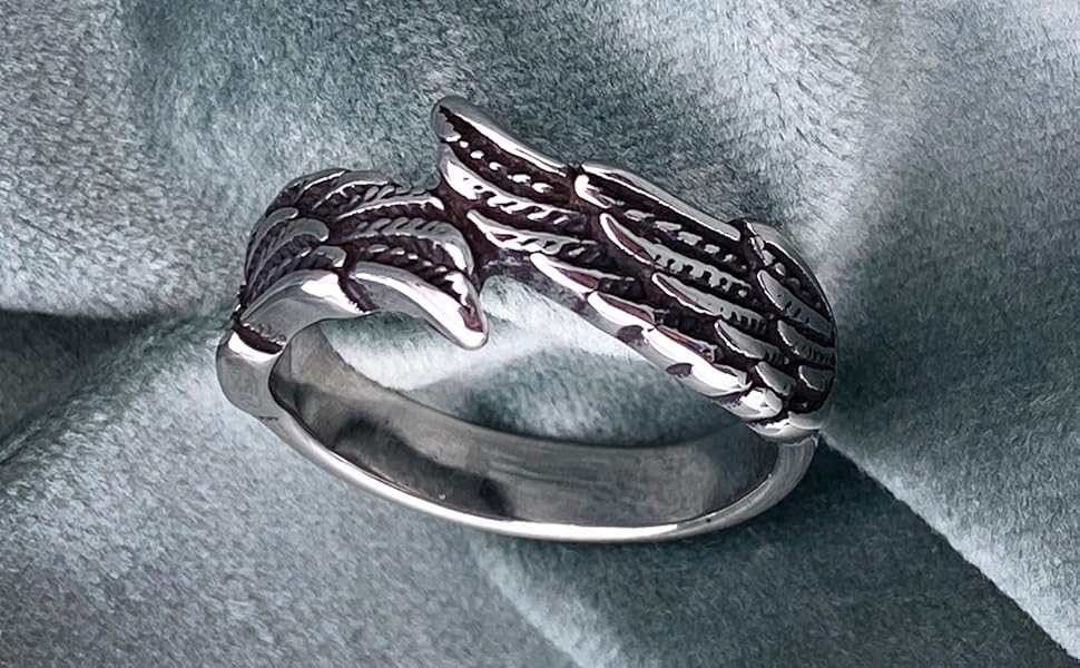 Silver Vintage Angel Wing Ring Stainless Steel Feather Band