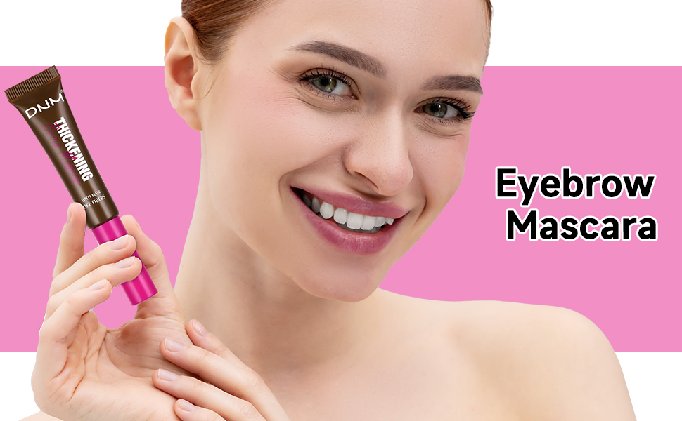 Brown tube of eyebrow mascara product shown against pink background, advertising cosmetic application for eyebrows.
