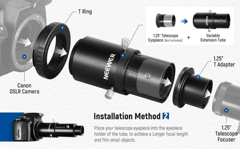 NEEWER 1.25” Variable Telescope Camera Adapter & 1.25" Extension Tube