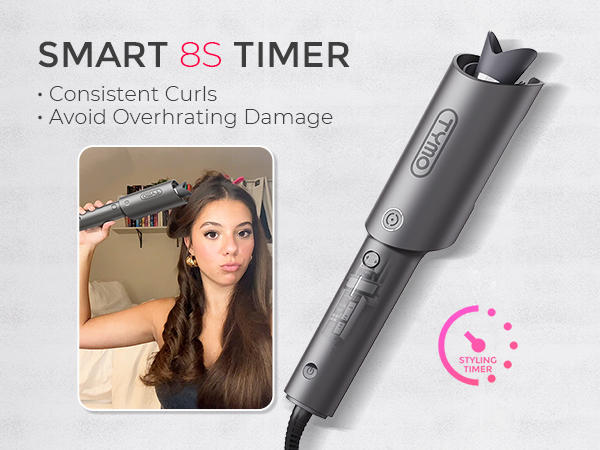 Gray cylindrical hair curling device with Smart 8S Timer feature. Product offers consistent curls and avoids overheating damage. Includes ceramic timer functionality.
