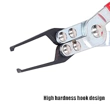 Close-up of a metal hook tool featuring multiple LED lights integrated into its design, with text indicating high hardness construction.