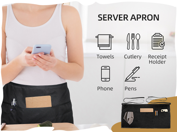 Xeoxarel Black Server Apron Cotton Blend With 4 Pockets for Women Man