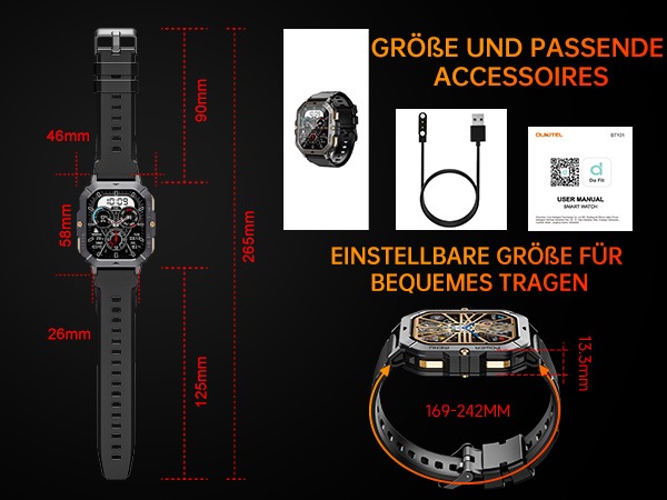 Smartwatch-Spezifikationen auf schwarzem Hintergrund. Die Abmessungen der Uhr, die Armbandgröße und das kompatible Zubehör werden angezeigt. Es werden zwei Uhrenmodelle mit Maßangaben angezeigt.