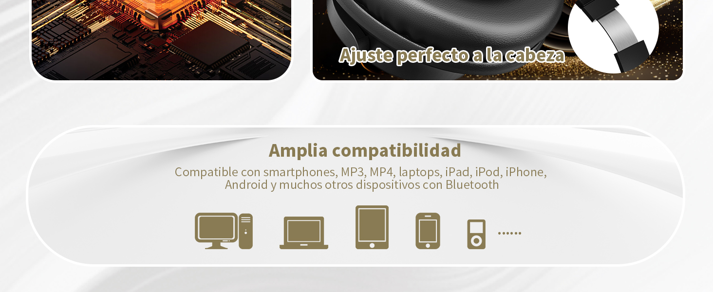 . Los paneles superiores muestran componentes electrónicos y una diadema ajustable. El panel inferior muestra los iconos de compatibilidad de dispositivos para varios dispositivos electrónicos